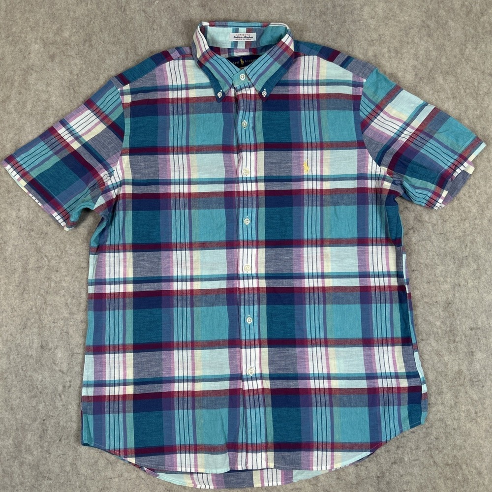 Ralph Lauren Indian Madras Button Shirt Plaid Short‎ Sleeve Mens Size Large